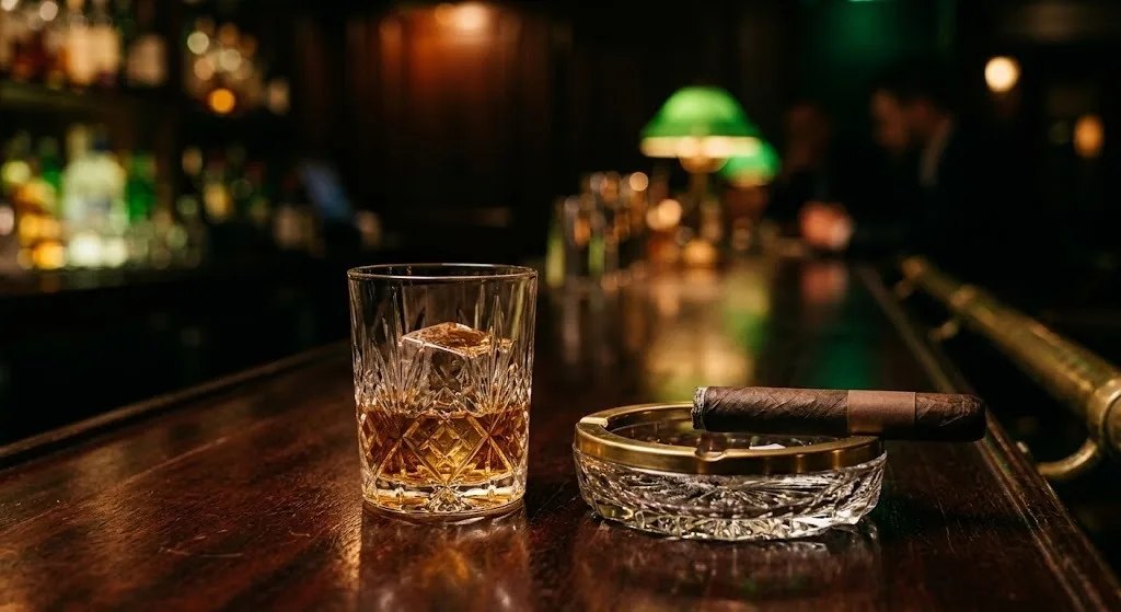 A cigar and a glass of whiskey at the bar