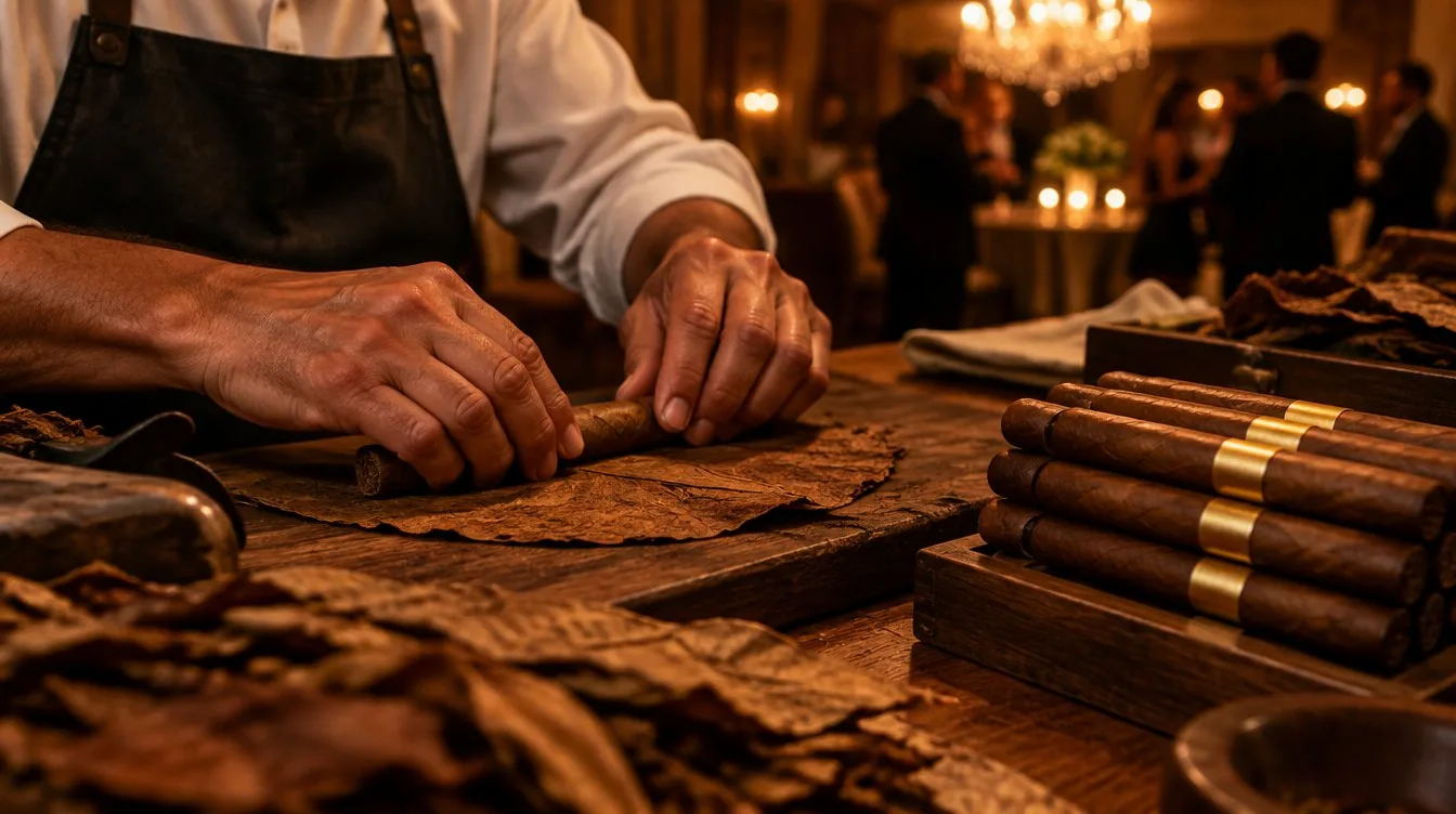 A cigar being rolled by hand